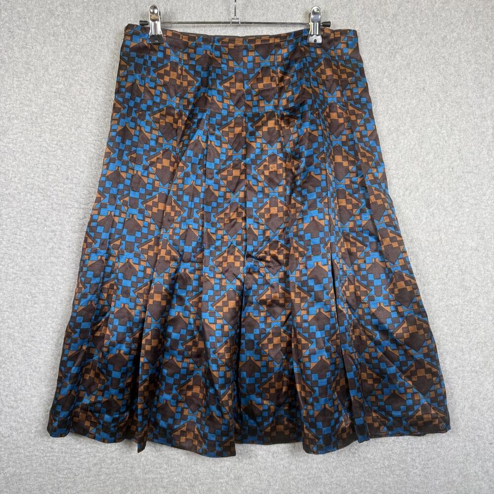 DKNY City Silk Skirt Size 6 Blue-Brown-Cinnamon Geometric Design Midi